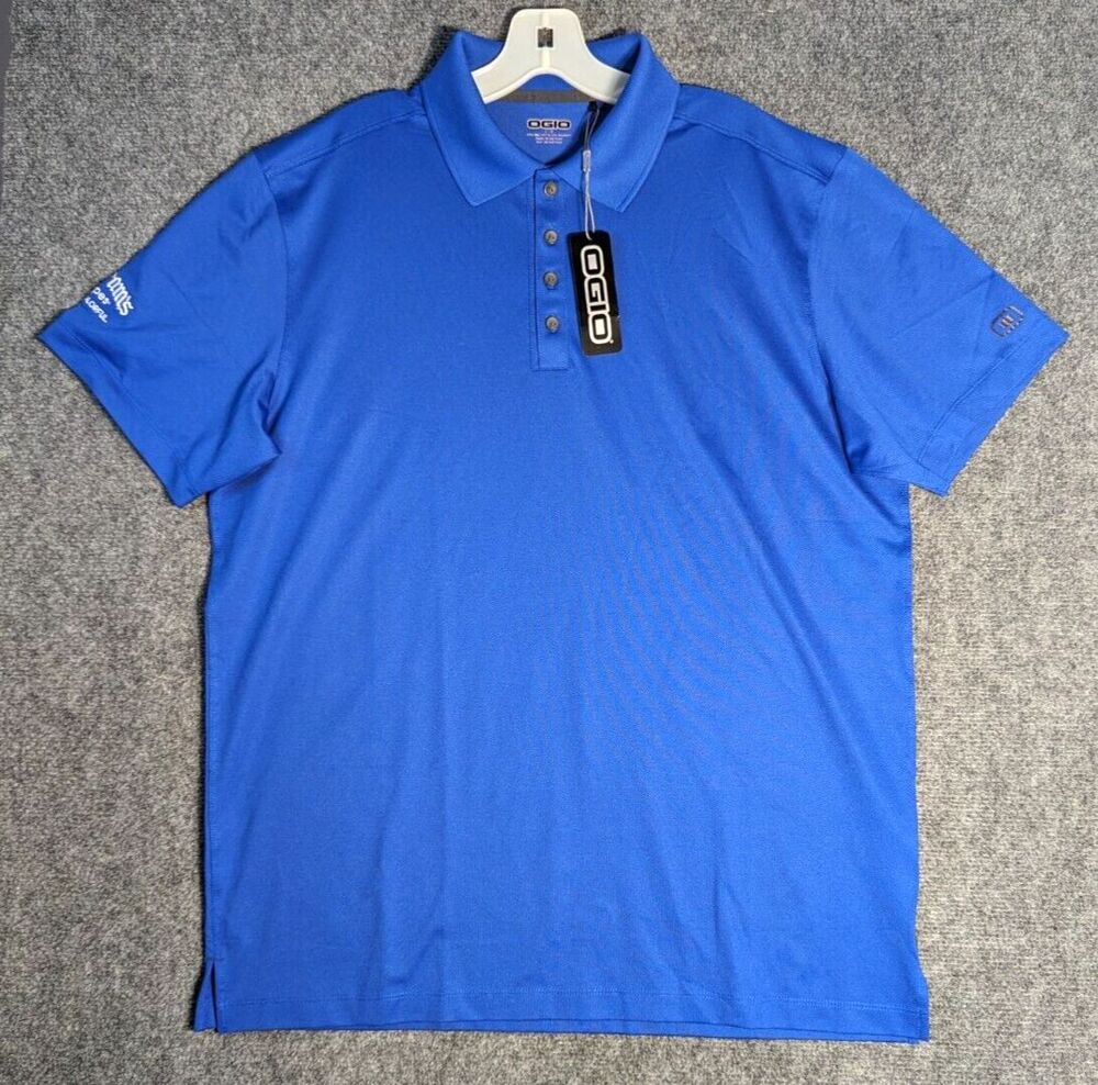 NWT Ogio Mens Short Sleeve Polo Shirt Large Blue Seagrams Logo Microfiber NEW